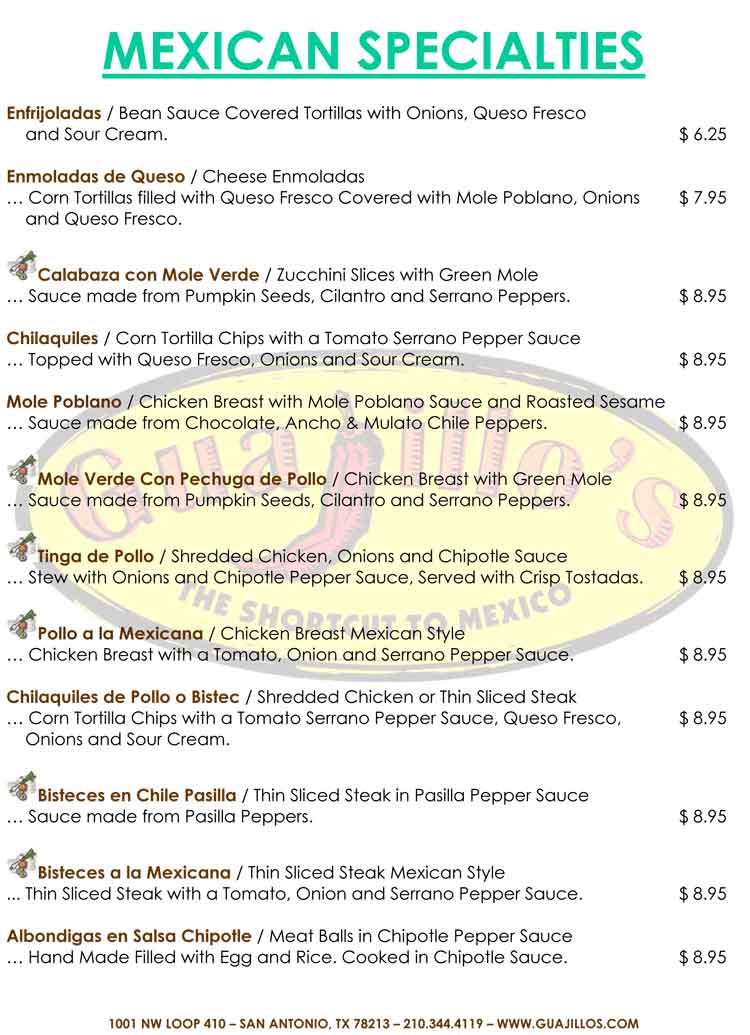 Guajillos Mexican Restaurant Menu