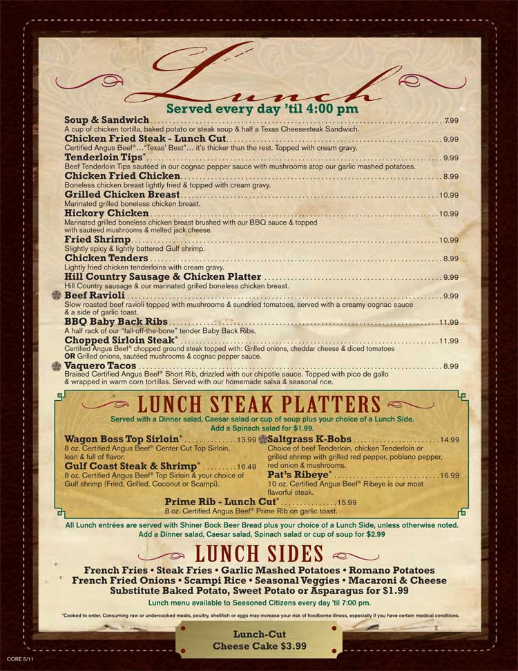 Saltgrass Steakhouse Menu in San Antonio Texas