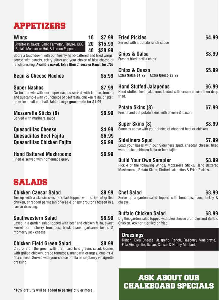 Sideliners Dinner Menu San Antonio