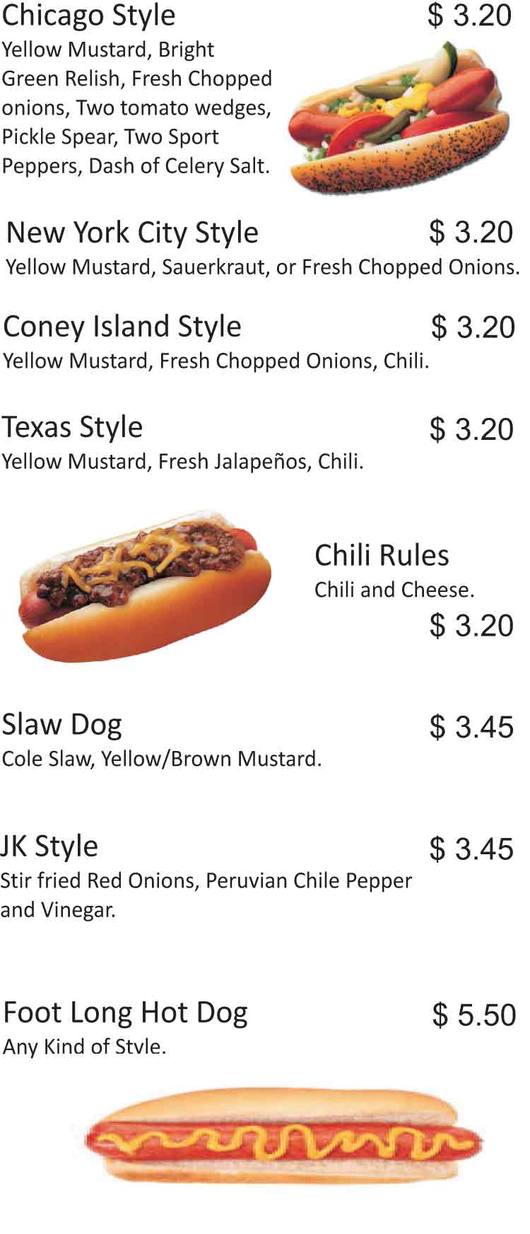 JK's Chicago Hot Dogs & Beef Sandwiches Restaurant Menu San Antonio