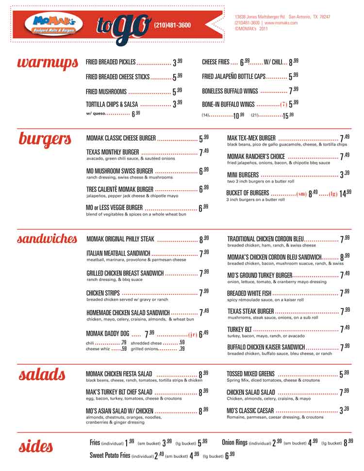 Mo Maks Malts - Burger Restaurant Menu in San Antonio